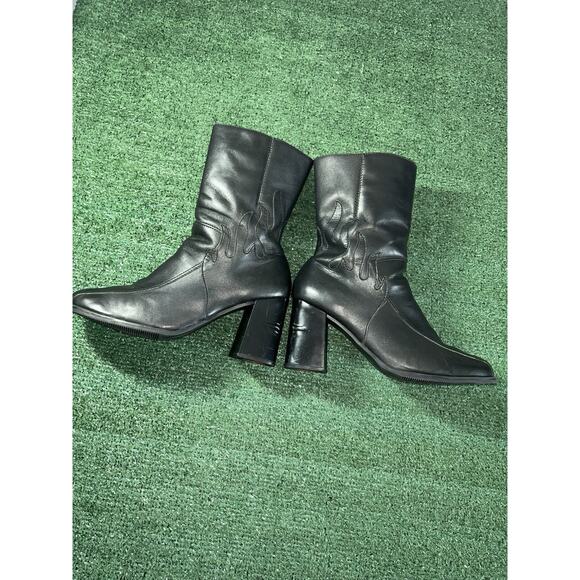 Harley Davidson Size 10 Black Leather Flame Boots Heels Double Zipper - Picture 7 of 11